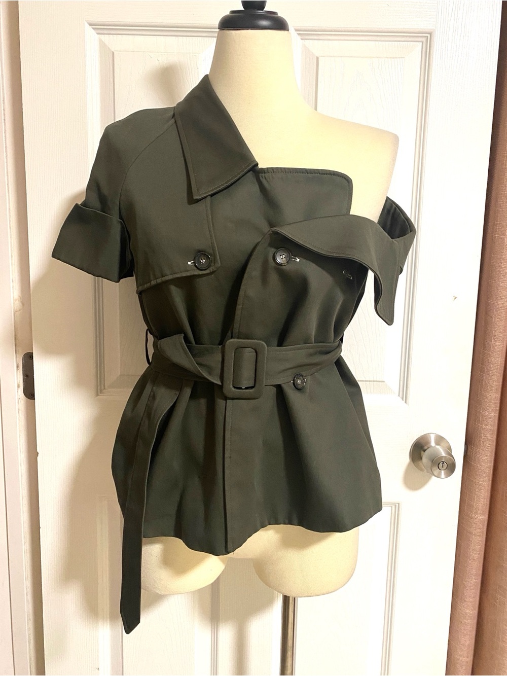Olive Green Asymmetric Off-Shoulder Belted Button-Down Top